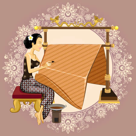 Beautiful Javanese Indonesian Woman, Performing Traditional Art And Craft Of Batik Painting Technique Called Manual Wax-Resist Dyeing のイラスト素材