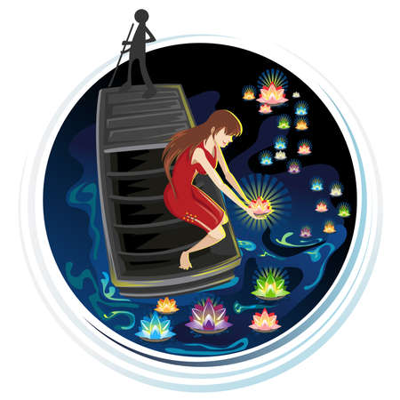 Chinese Tradition Spirits Hungry Ghost Festival Floating River Lanternsのイラスト素材