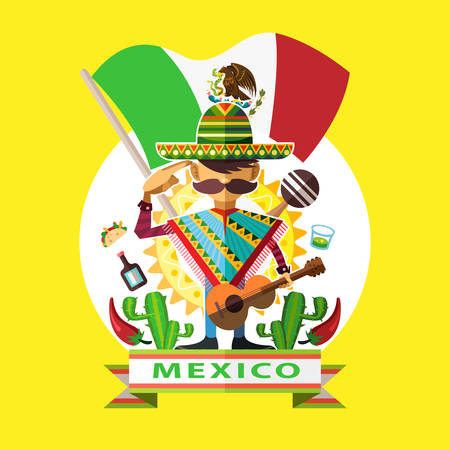Illustration Of Mexican Man Mariachi Salute To Mexico National Flag With Background Of Mexican Iconic Cultureのイラスト素材