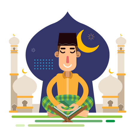 Muslim Man Sholat Praying Alquran with background of Mosque celebrating Eid al Fitr Mubarakのイラスト素材