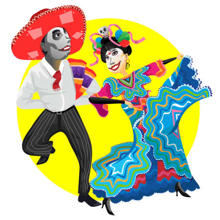 Man and woman dancing, celebrating Day of the dead . Dia de los muertos carnivalのイラスト素材