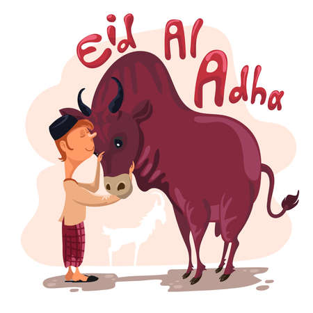 Man petting a cow for sacrifice celebrating Eid al adha. Happy Eid al Adha Mubarak. Selamat Idul Adhaのイラスト素材