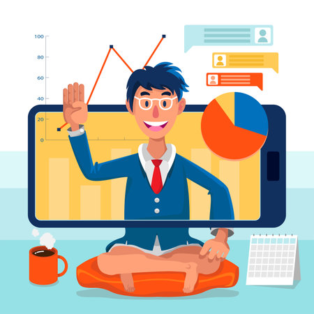 Illustration of Male Worker Working from Home, giving online presentation, online classes, remote workingのイラスト素材