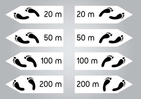 simple signpost pointer set different distance with black footprints. vector illustration