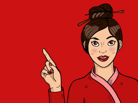 Chinese girl in pop art Vector illustration in retro comic style.のイラスト素材