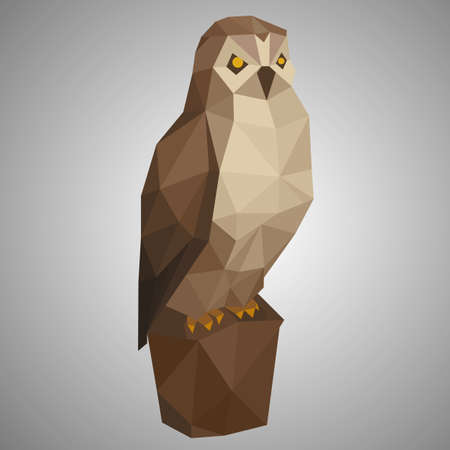 Low poly owl. Vector illustration in polygonal style. Beautiful forest bird on gray background.のイラスト素材