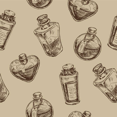 Seamless pattern with magic glass flasks. Science potions doodle style sketch. Alchemy and wonderful science.のイラスト素材