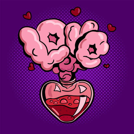 Open bottle of love potion in pop art style. Transparent red heart on violet background. Valentine's dayのイラスト素材