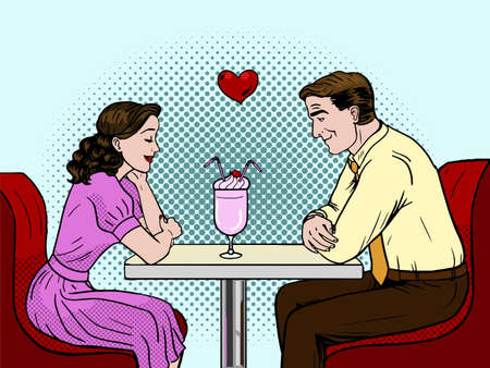 Valentines day vector illustration. . Couple on a date in restaurant. Pop art style vector illustration.のイラスト素材