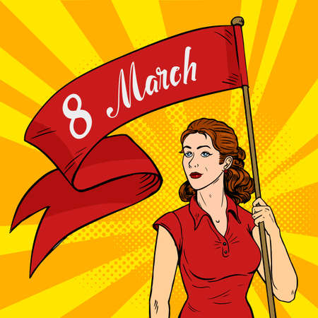 Emancipated woman holds a red placard. Feminism rally. International Women s Day pop art retro style. Vector illustration.のイラスト素材