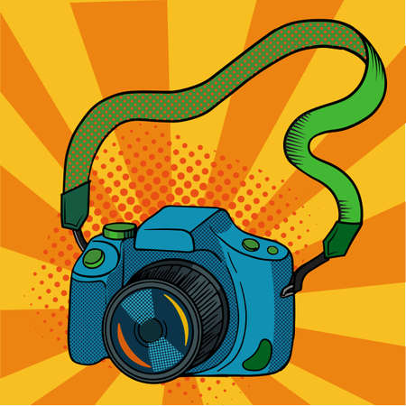 Retro vintage photo camera. Dslr Comic on background. Vector illustration in pop art.