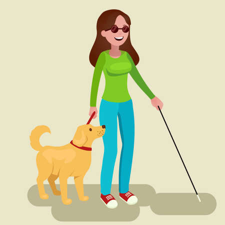 Girl disabled and guide-dog. Blind teenager with his faithful companion. Vector illustration in flat style.のイラスト素材
