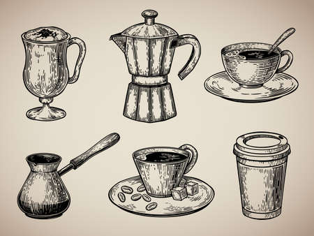 Coffee set engraving. Latte, Turk, coffee pot, cup with coffee, cardboard sketch style. Vector illustration EPS 10のイラスト素材