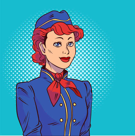 Stewardess in pop art style. Welcome aboard. Vector illustration in comic style. EPS 10.のイラスト素材