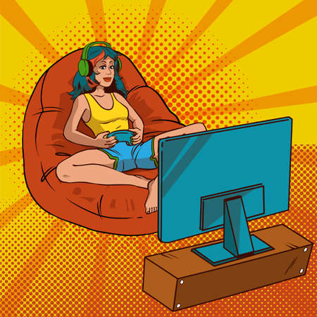 Girl gamer pop art. A girl with multicolored hair is sitting in a sleeping bag and playing video game. Vector illustration in comic style. EPS 10のイラスト素材