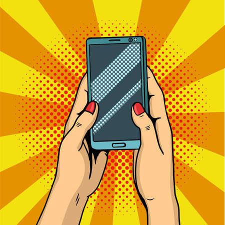 Hands holding smartphone pop art. Female hands hold a mobile phone. Vector illustration in comic style.のイラスト素材