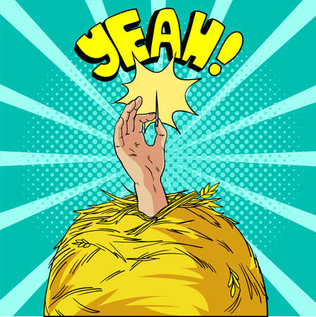 Find a needle in a haystack in pop art. A joyful hand says yeah and holds an igloo in his hand.のイラスト素材