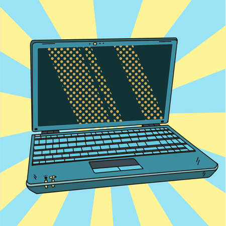 Laptop in pop art. Open digital notebook in comic style. Vector illustration. EPS 10.
