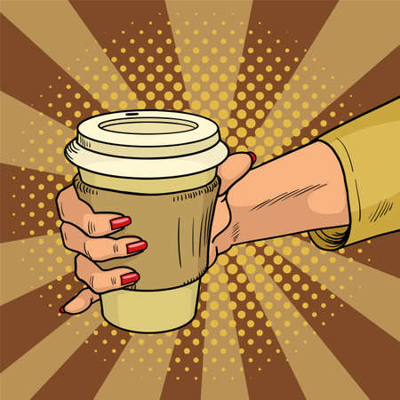 Female hand holds hot cardboard cup with coffee comic style.のイラスト素材