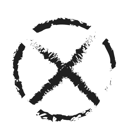 Cross sign X grunge mark hand drawn in circle isolated on whiteのイラスト素材
