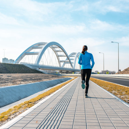 Tall sportswoman running on a pavement near modern bridge, view from the back. Active lifestyle, workoout.の写真素材