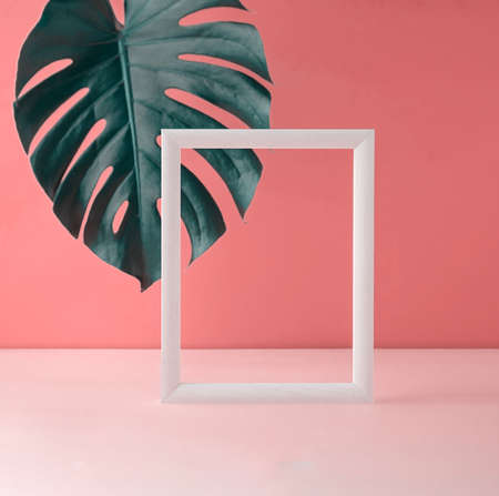 Empty white frame standing in an empty room decorated with tropical leaf. Trendy minimal layout with copy space.の写真素材