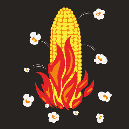 Popcorn on explosion fire vector illustration, popping popcorn, movie time, advertisement poster object, illustration, fire corn.のイラスト素材