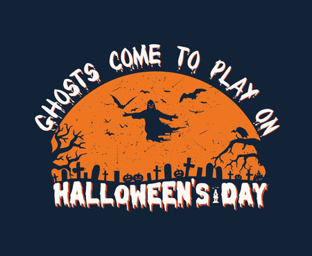 Halloween ghosts and pumpkins with evil smiles. Vector clip art illustration with simple gradients. Holiday promo banner with spooky flying ghosts, black spiders and bats, scary pumpkins on orange background.のイラスト素材