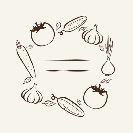 Farmers market. Frame for menu. Food design template. Vintage logo vegetables. Hand drawn illustration.のイラスト素材