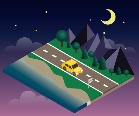 Car travaler on the road near the beach and forest. Moonlght nightのイラスト素材