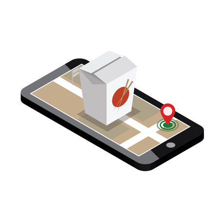 Isometric city. Food delivering. Wok. Mobile searching. Geo tracking. Map.Isometric city. Food delivering.のイラスト素材