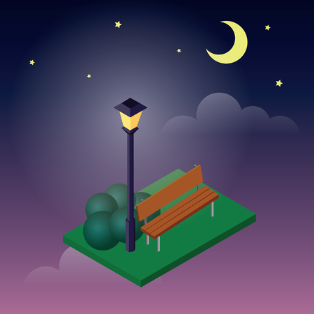 Cozy park sitting place. Moonligt night in park. Natural ecological landscape isometric icon. Vector isometryのイラスト素材