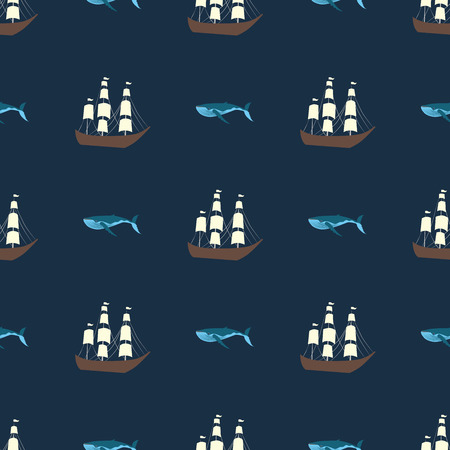 Vector seamless ship and whale pattern. Ocean or sea backgroundのイラスト素材