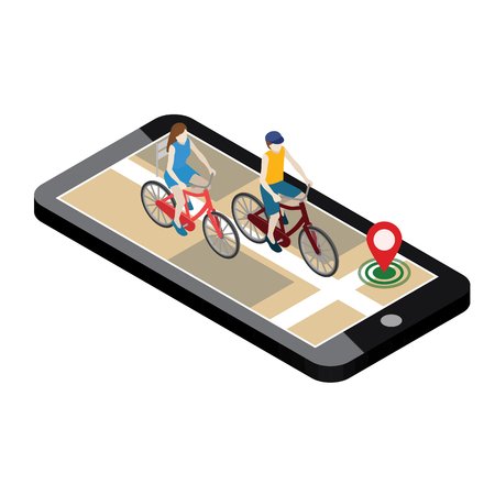 Mobile geo tracking. Female and male cyclists riding on a bicycle.のイラスト素材