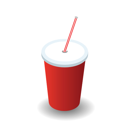 Isometric red plastic glass with lid and straw isolated on white backgroundのイラスト素材
