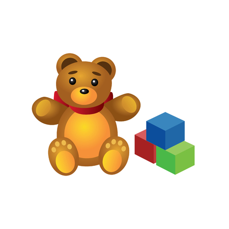 Isometric cute teddy bear and colorful cubes isolated on white background. Childish toys and gifts. Vector illustrationのイラスト素材