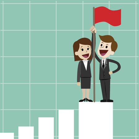 Flat style vector illustration of two business person on top a graph with a flag clip art.のイラスト素材