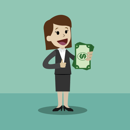 Flat style vector illustration of a business person holding a dollar on a happy face.のイラスト素材
