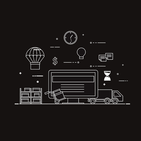 Flat design black and white vector illustration concept for delivery service, e-commerce, online shopping, receiving package from courier to customerのイラスト素材