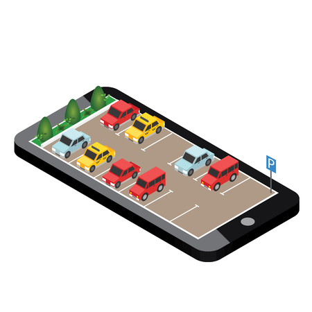 Isometric cars in the car parking. Mobile searching. Looking for parking. Flat 3d isometric urban city info-graphic concept.