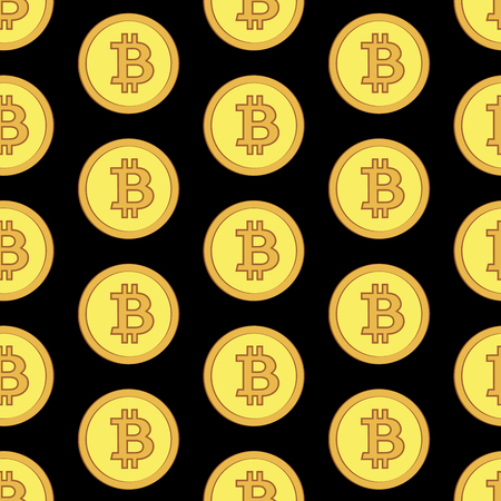 Golden coins with bitcoin sign seamless pattern. Crypto-currency market. Money icons on black backgroundのイラスト素材