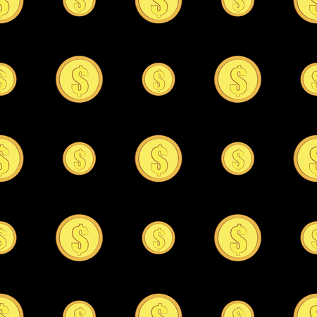 Golden coins with dollar sign seamless pattern. Money icons on black backgroundのイラスト素材