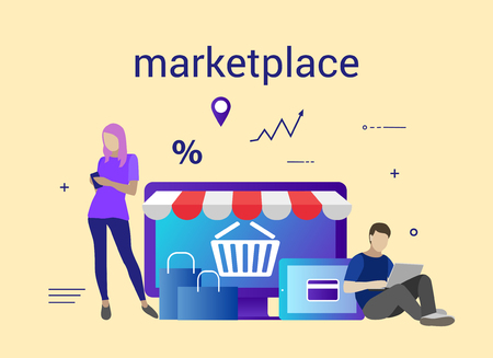 Flat design banner of E-Commerce and E-Shopping for website and mobile website. Marketplace. Easy to use and highly customizableのイラスト素材