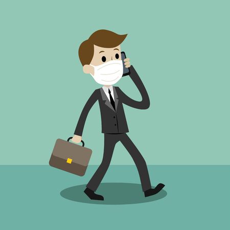 Businessman sitting and meditating. Cartoon vector illustration. Preventive measures, human protection from pneumonia outbreak. Remote work.のイラスト素材