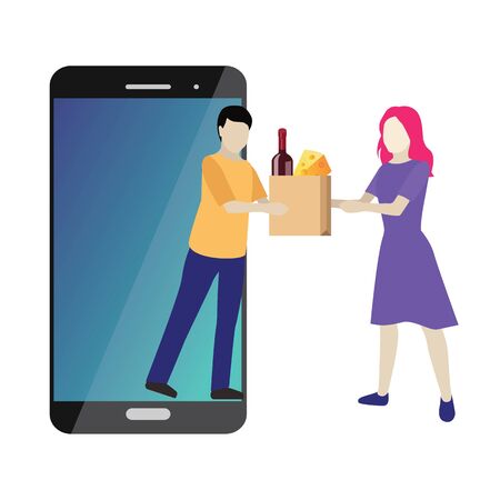 Online shopfront. Isometric food delivering. Looking for bar or dinner. Mobile searching. Bar or wine shop. Online paymentsのイラスト素材