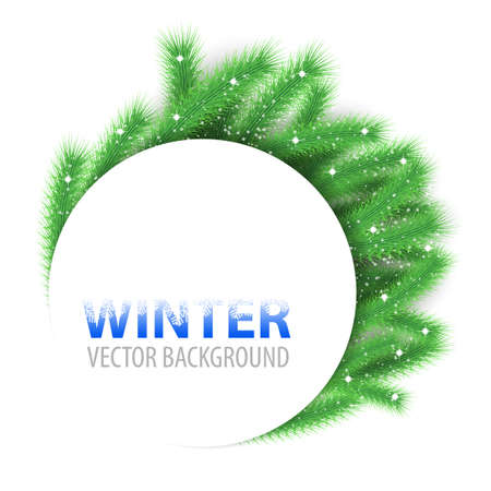 Christmas tree branches around white circle background modern festive frame layout. Vector Illustrationのイラスト素材