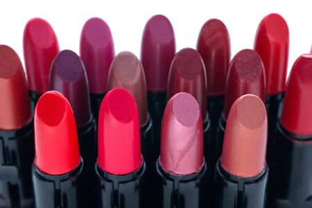 Group of various lipsticks in tubes on whiteの写真素材