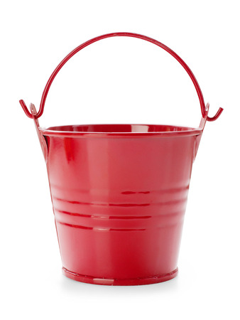 Red toy bucket isolated on white with clipping pathの写真素材