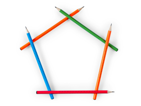 Pentagonal frame of pencils in the shape of a house. Isolated on whiteの写真素材