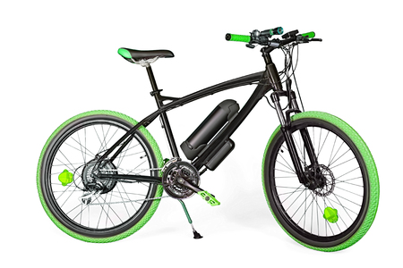 Black and green electric bike isolated on whiteの写真素材
